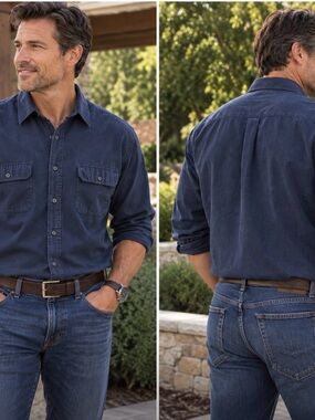 Montage Collection Men’s Large Navy Blue Button Up Shirt Long Sleeve 2 Pocket